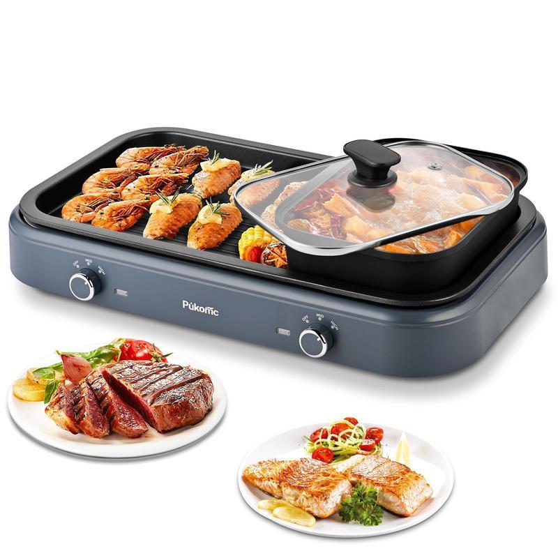 Pukomc Electric Indoor Grill,2 in 1 Indoor Grills for Kitchen with Grill Net & Non-Stick Cooking Removable Plate, Temperature Control, Dishwasher Safe, 1500W Smokeless barbecue Universal Griddle