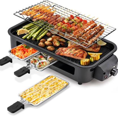 Pukomc Electric Indoor Grill,2 in 1 Indoor Grills for Kitchen with Grill Net & Non-Stick Cooking Removable Plate, Temperature Control, Dishwasher Safe, 1500W Smokeless barbecue Universal Griddle