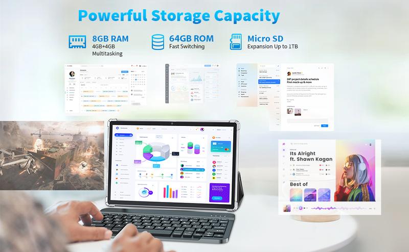 【TikTokShopBlackFriday】PYNAREL Tablet 10.1 Inch Android 14, 2 in 1 Portable Device with Keyboard, Mouse, Case, Stylus, 8(4+4)GB RAM 64GB ROM, Dual Camera, for Xmas Gift