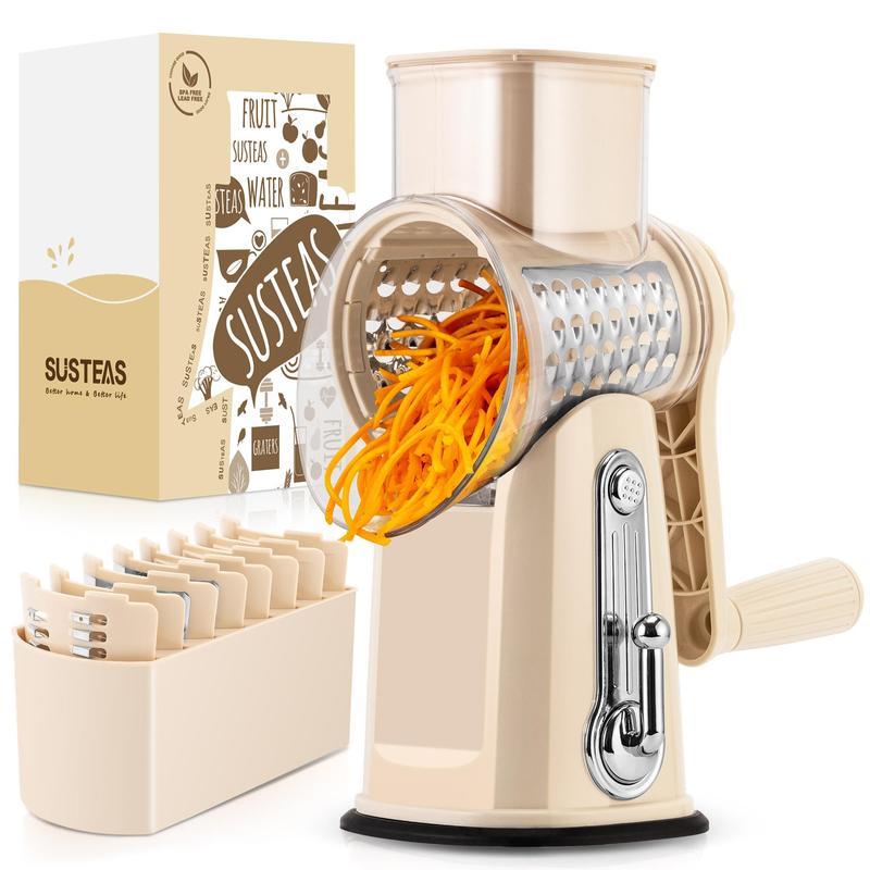 SUSTEAS Rotary Cheese Grater with Handle - Comes with 5 Blades, Strong Suction Cup Base, Comes with Blade Storage Box Cutlery Kitchen Utensils Food Shredder Tool Vegetable Slicer Potato Cutter Beige