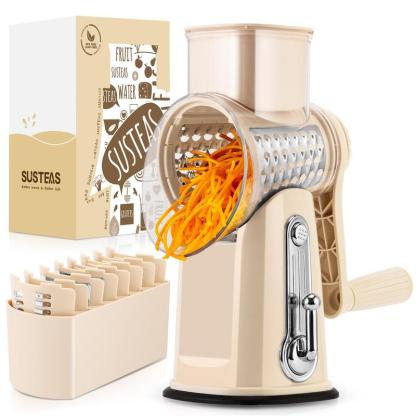 SUSTEAS Rotary Cheese Grater with Handle - Comes with 5 Blades, Strong Suction Cup Base, Comes with Blade Storage Box Cutlery Kitchen Utensils Food Shredder Tool Vegetable Slicer Potato Cutter Beige