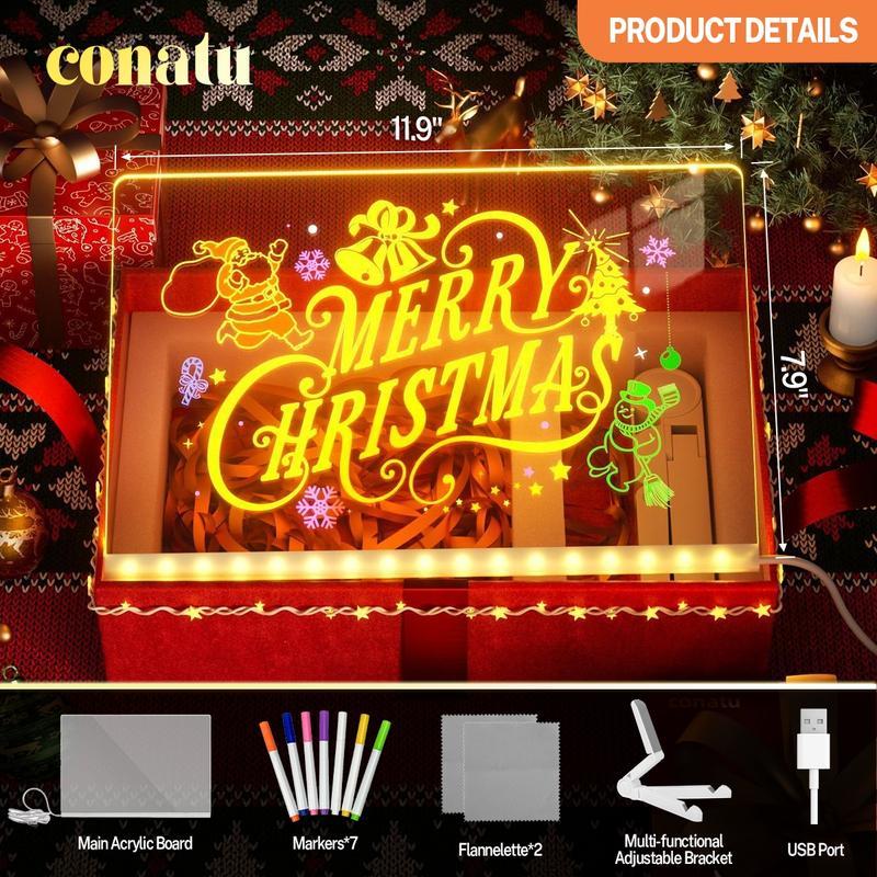 Conatu Led Drawing Board For Kids, Acrylic Dry Erase Light-Up Board with Stand Markers Wipes Spray Bottle & Tracing Paper Erasable Reusable Board for Kids Learning Ideal Gift for Birthday Halloween Christmas Decorative Neon Sign