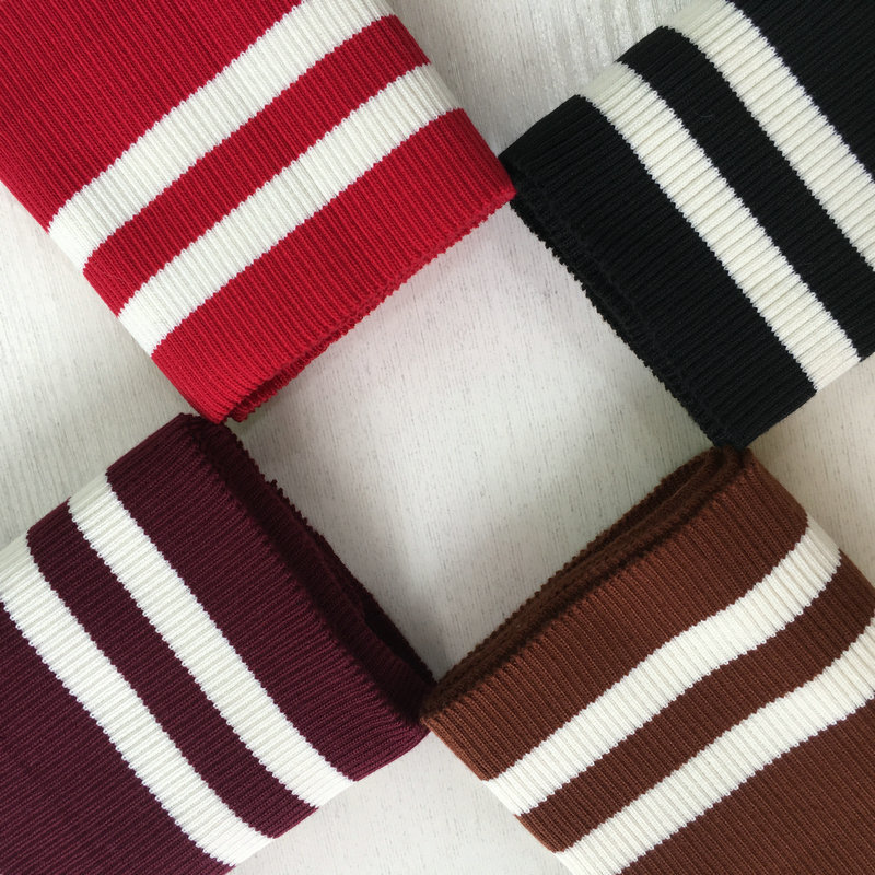 Custom-made 2x1 polyester-spandex ribbed knit fabric for collars, hems, cuffs, front panels, and long sleeves of sweatshirts. Knitted collar