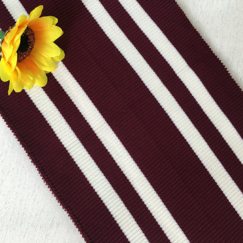 Custom-made 2x1 polyester-spandex ribbed knit fabric for collars, hems, cuffs, front panels, and long sleeves of sweatshirts. Knitted collar