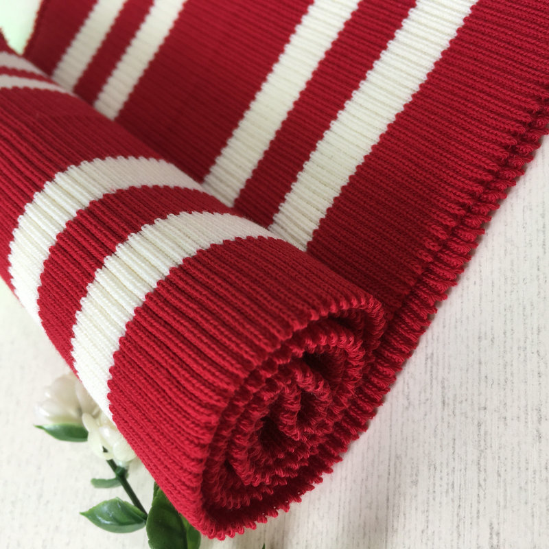 Custom-made 2x1 polyester-spandex ribbed knit fabric for collars, hems, cuffs, front panels, and long sleeves of sweatshirts. Knitted collar