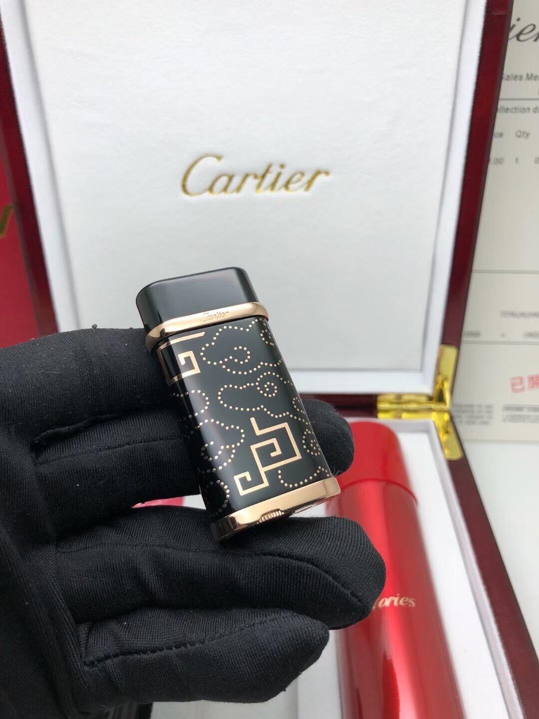 Cartier Lighter Black & Gold Lacquer Geometric & Cloud Motif Edition