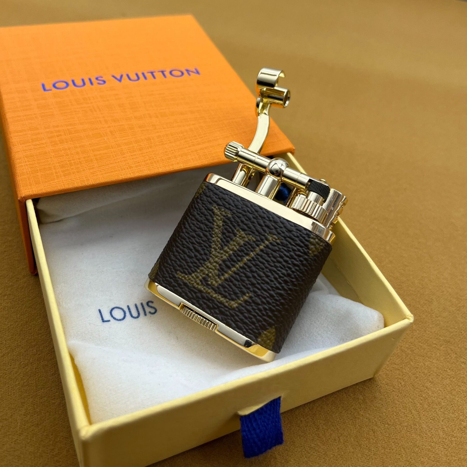 Vintage Kerosene Lighter – Brass Body Monogram Leather Stitch Design