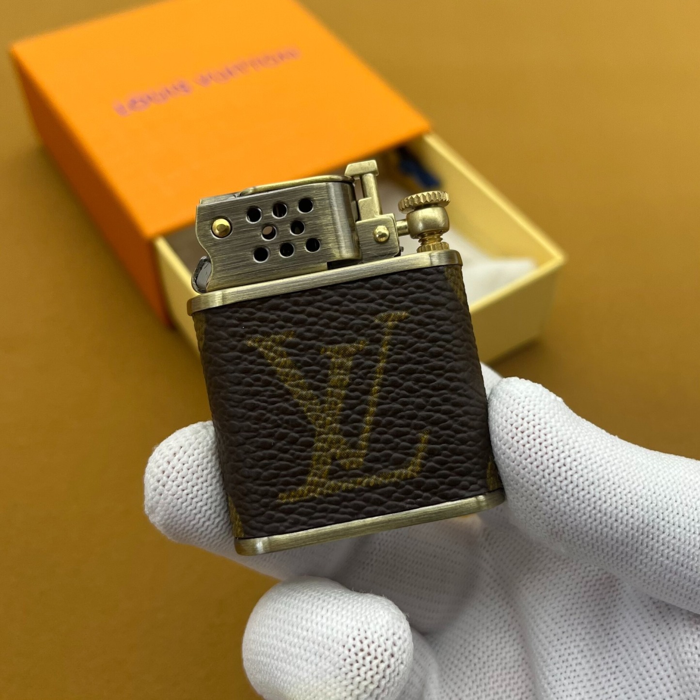 Vintage Kerosene Lighter – Brass Body Monogram Leather Antique Metal Design