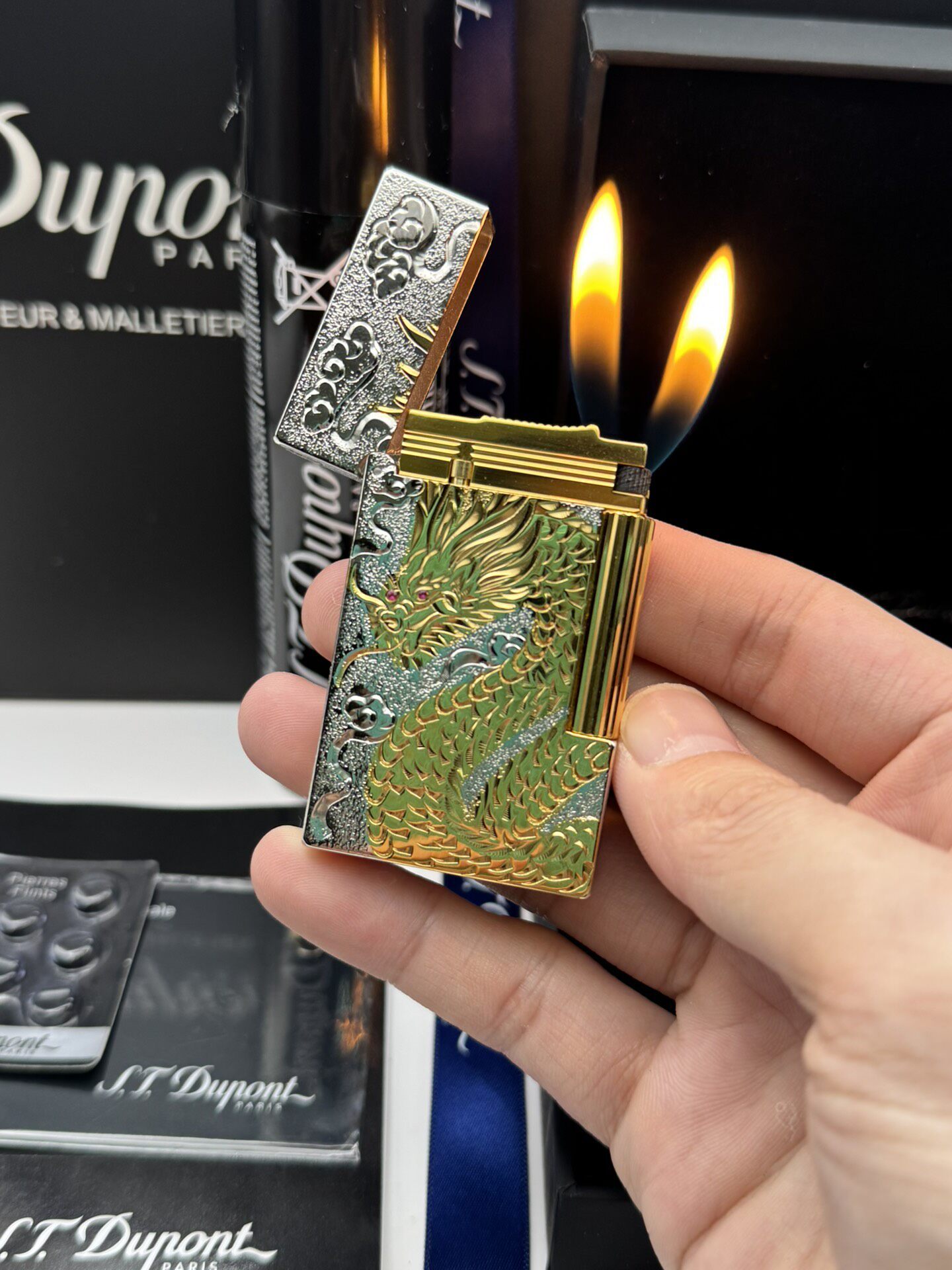 ST Dupont Ligne 2 Dragon Phoenix Double Flame Lighter Solid Copper