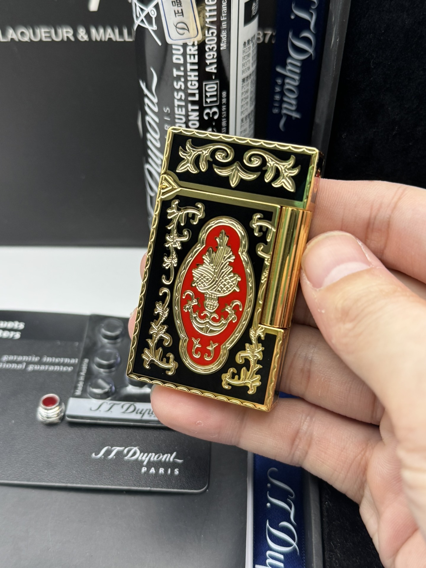 ST Dupont French Court Black & Red Enamel Gold Lighter