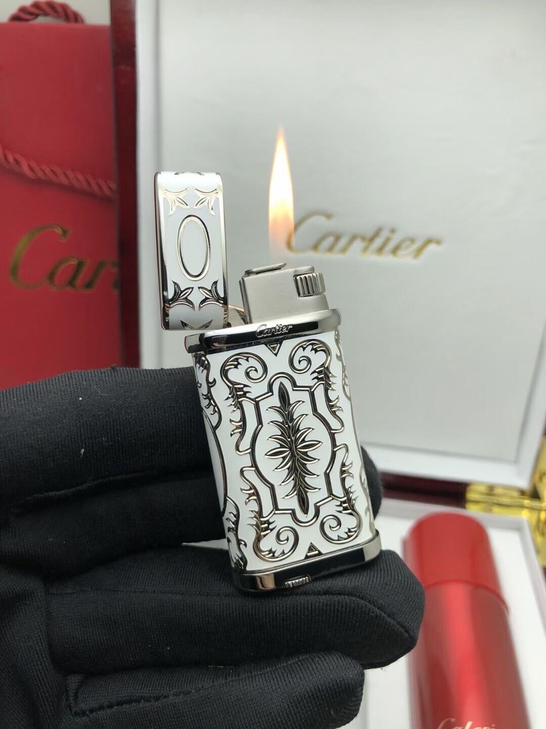 Cartier Lighter White & Silver Baroque Scrollwork Edition