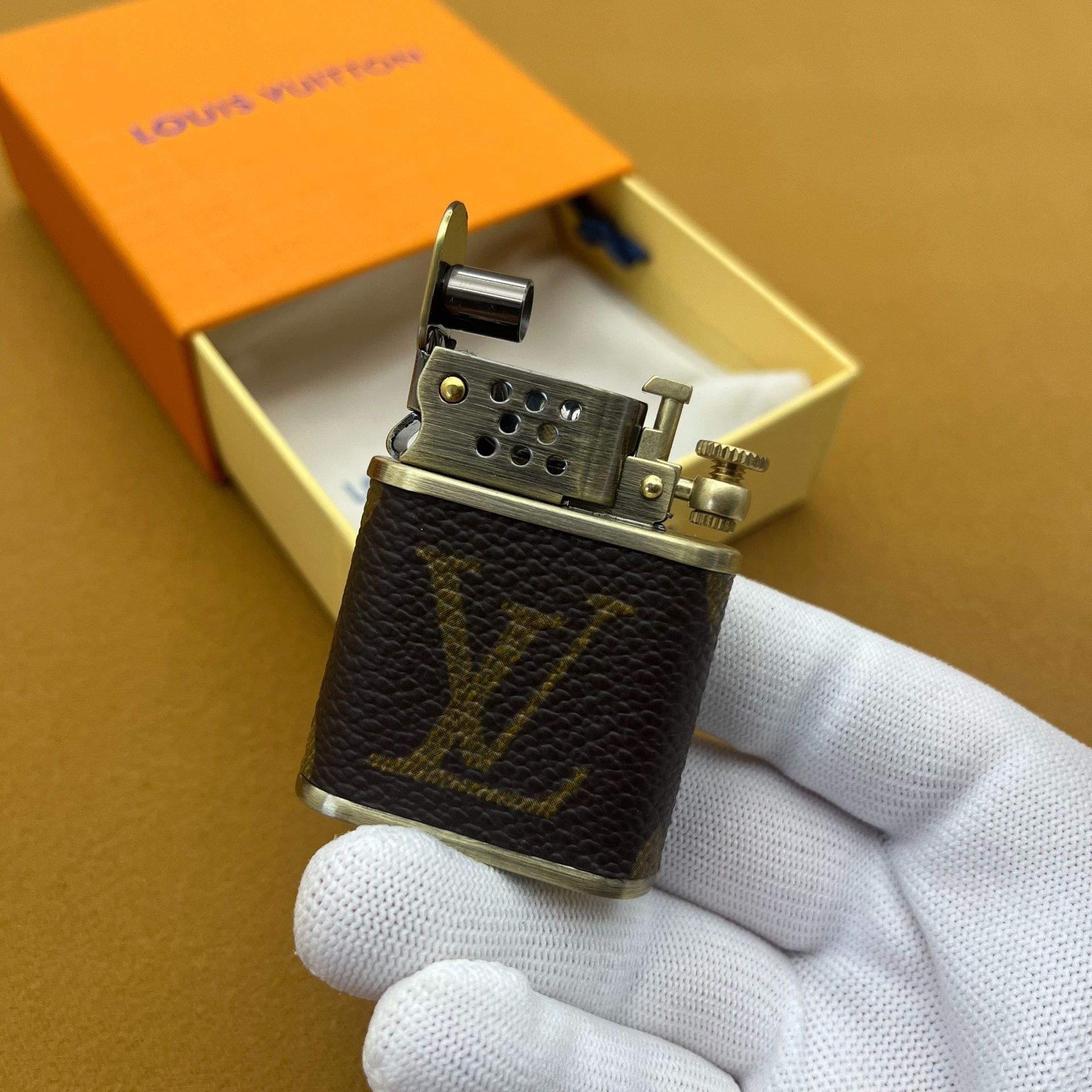 Vintage Kerosene Lighter – Brass Body Monogram Leather Antique Metal Design