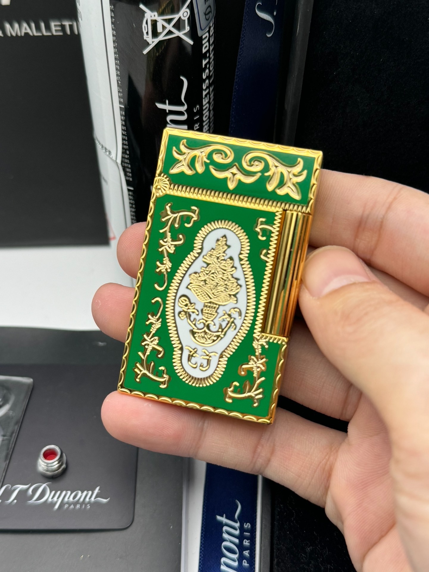 ST Dupont Ligne 2 French Court Green Enamel Limited Edition Brass Lighter