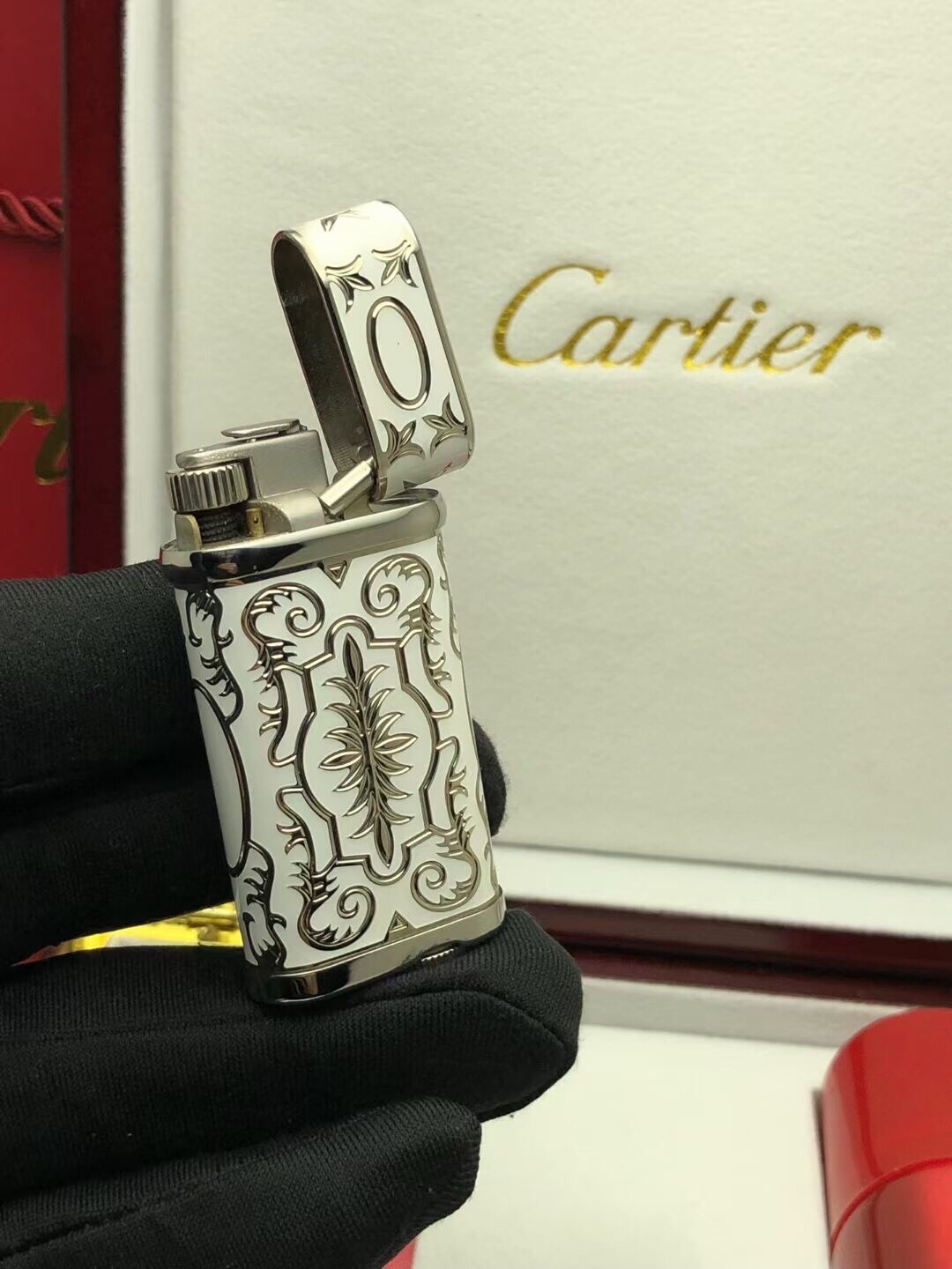 Cartier Lighter White & Silver Baroque Scrollwork Edition