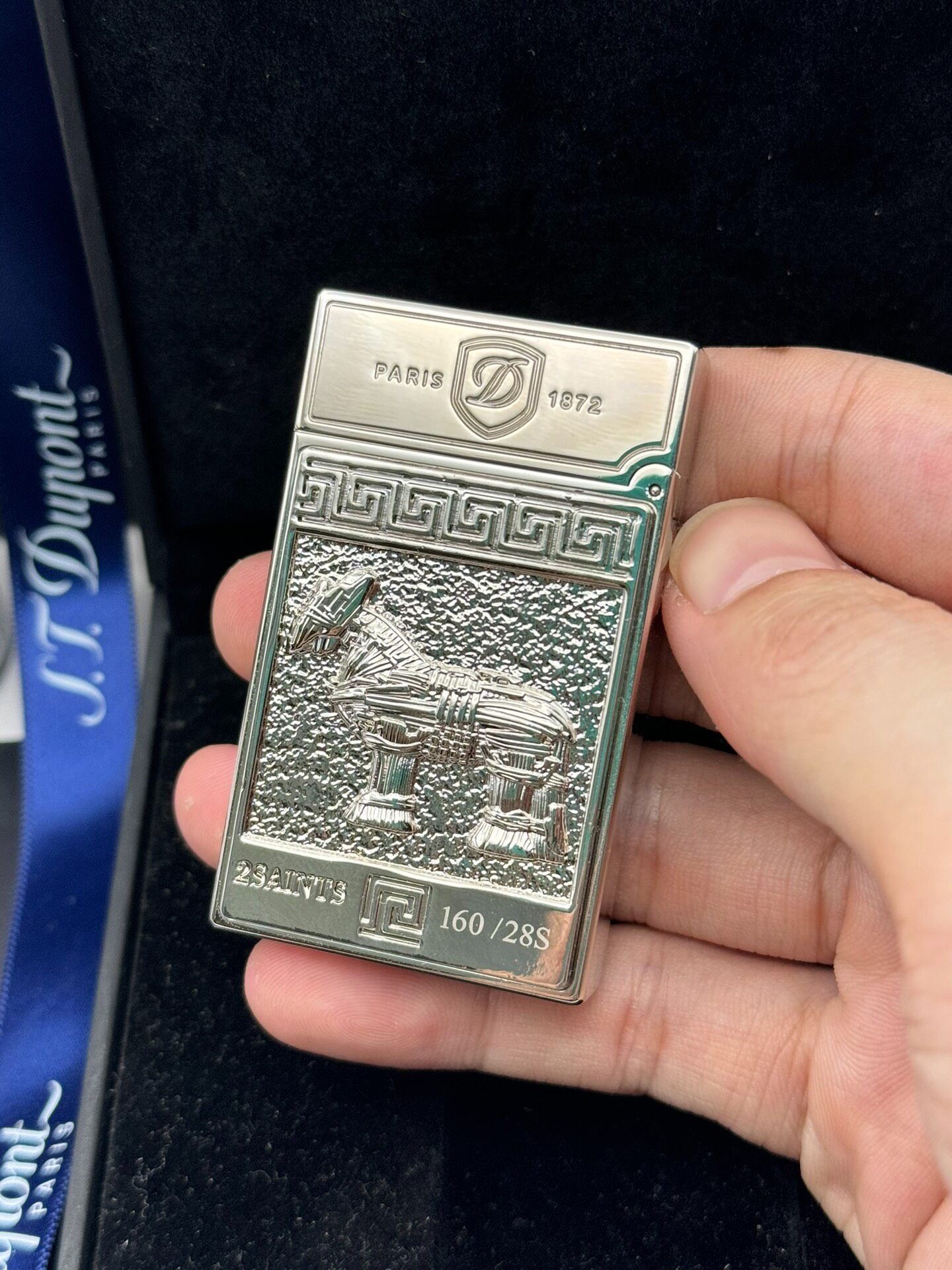 ST Dupont Ligne 2 Athena Relief Lacquer Double Flame Lighter Silver Limited Edition