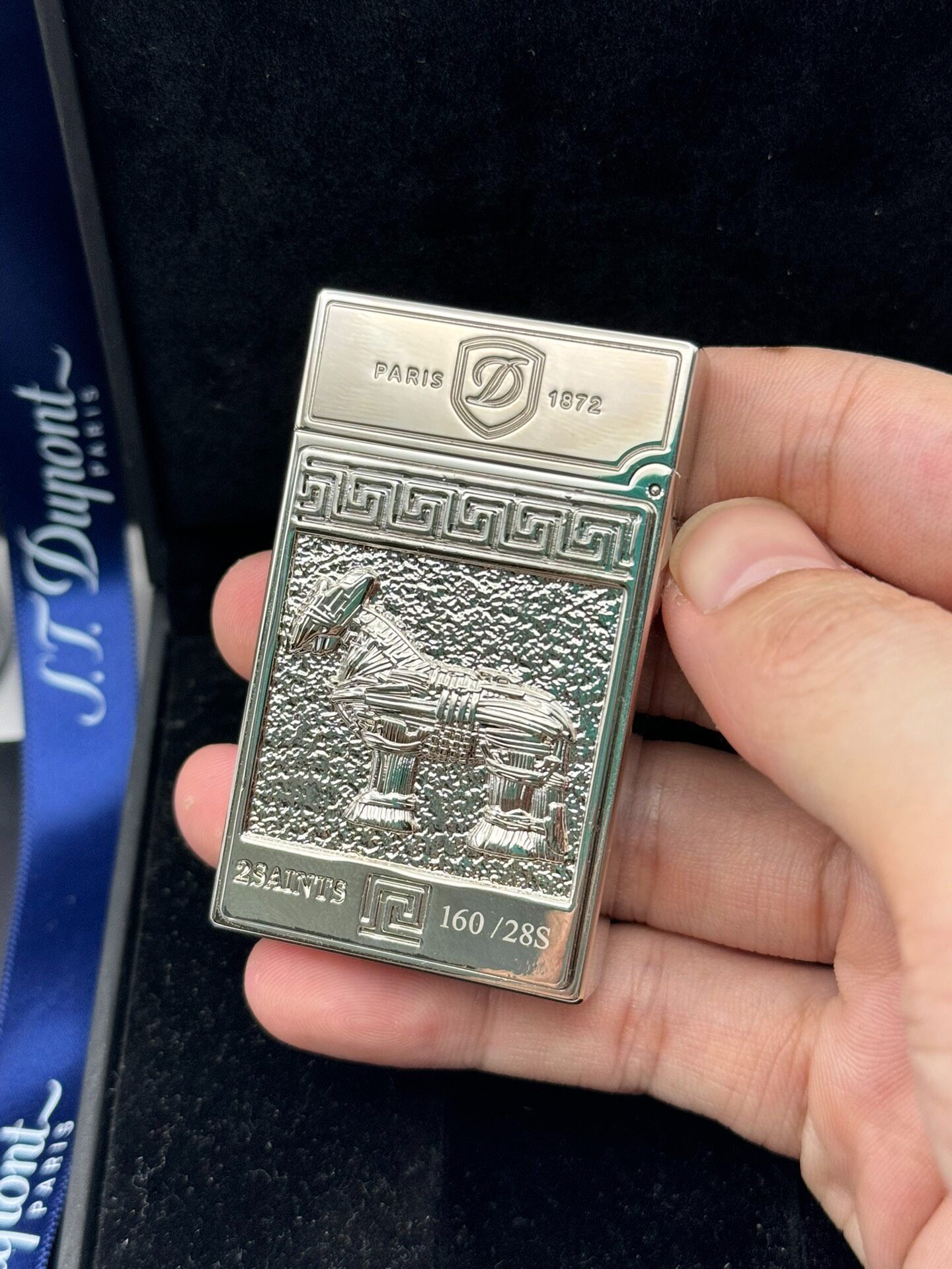 ST Dupont Ligne 2 Athena Relief Lacquer Double Flame Lighter Silver Limited Edition