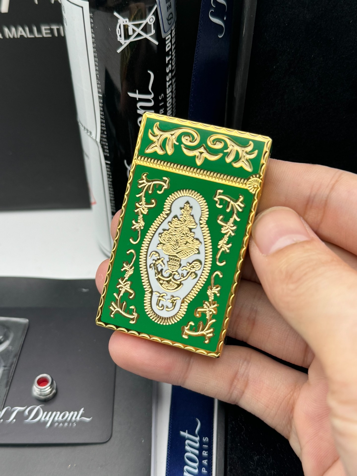 ST Dupont Ligne 2 French Court Green Enamel Limited Edition Brass Lighter