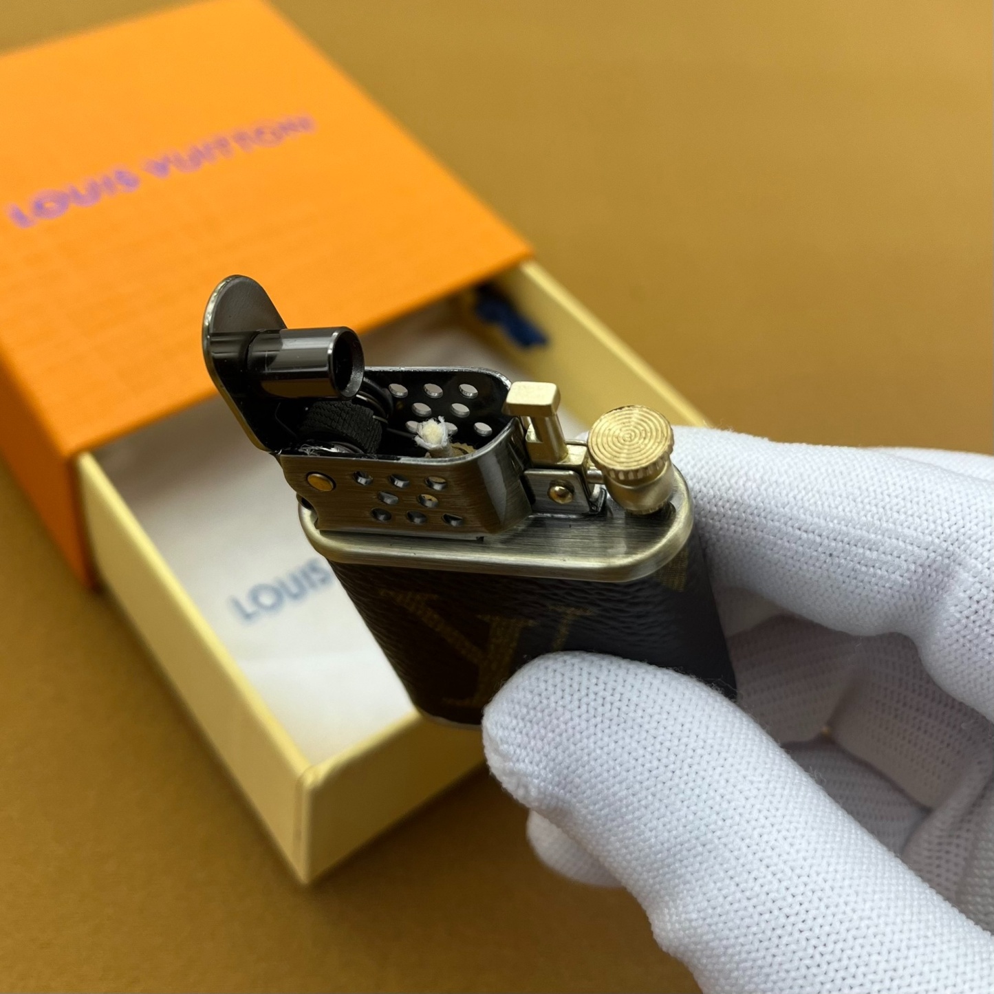 Vintage Kerosene Lighter – Brass Body Monogram Leather Antique Metal Design