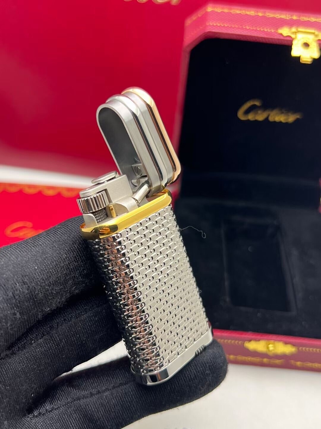 Cartier Lighter Silver Diamond-Pattern with Gold Accent