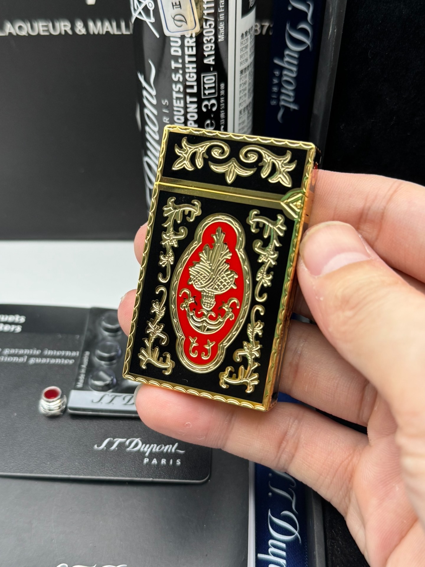 ST Dupont French Court Black & Red Enamel Gold Lighter