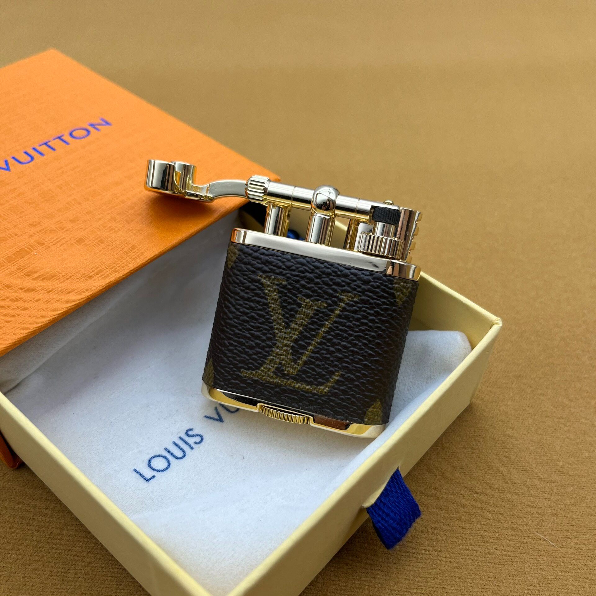 Vintage Kerosene Lighter – Brass Body Monogram Leather Stitch Design