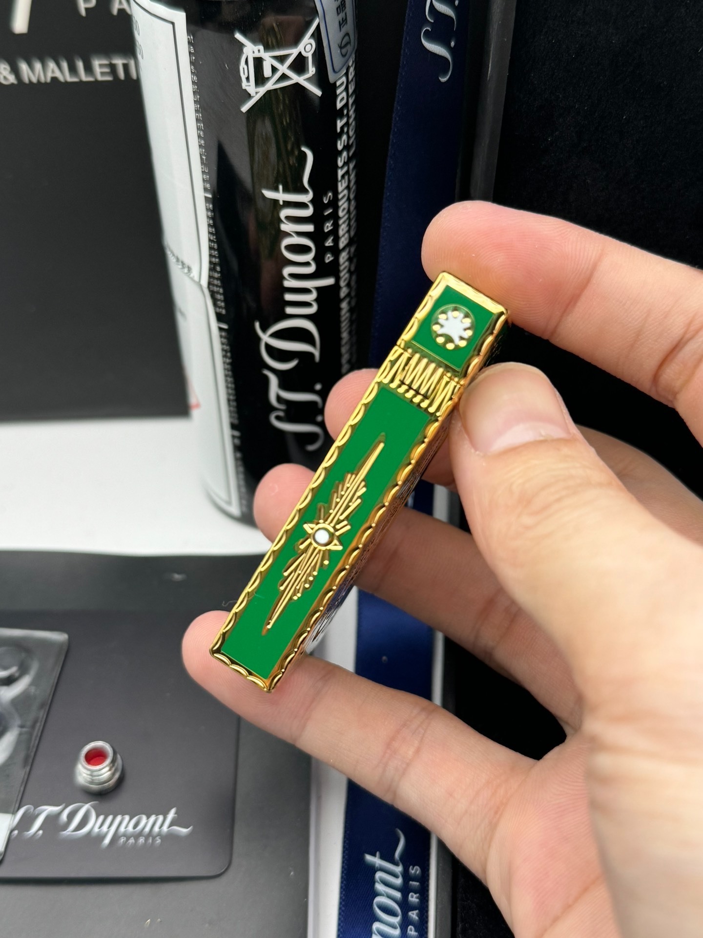 ST Dupont Ligne 2 French Court Green Enamel Limited Edition Brass Lighter