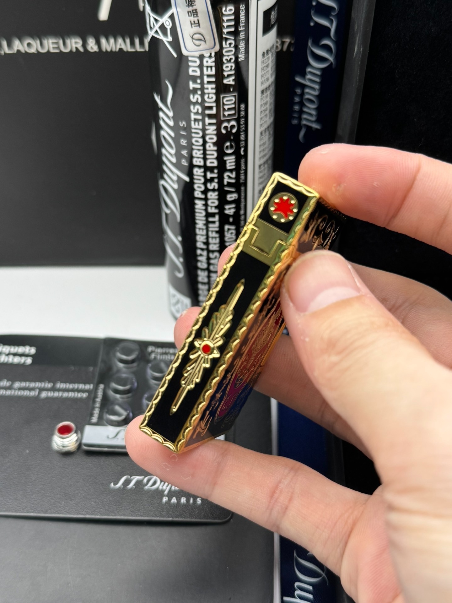 ST Dupont French Court Black & Red Enamel Gold Lighter