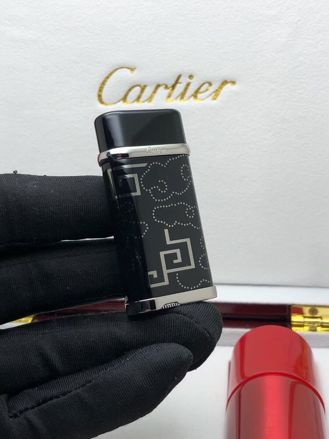 Cartier Lighter Black Lacquer Geometric & Cloud Motif Edition