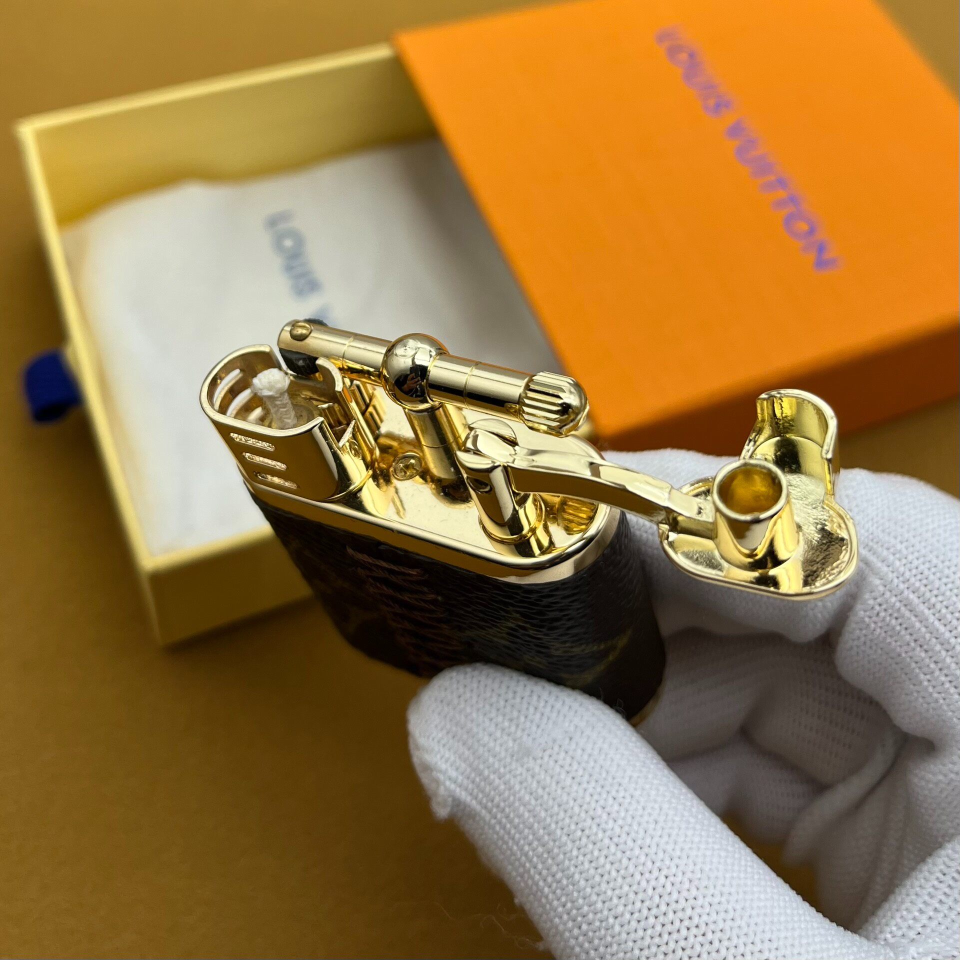 Vintage Kerosene Lighter – Brass Body Monogram Leather Stitch Design