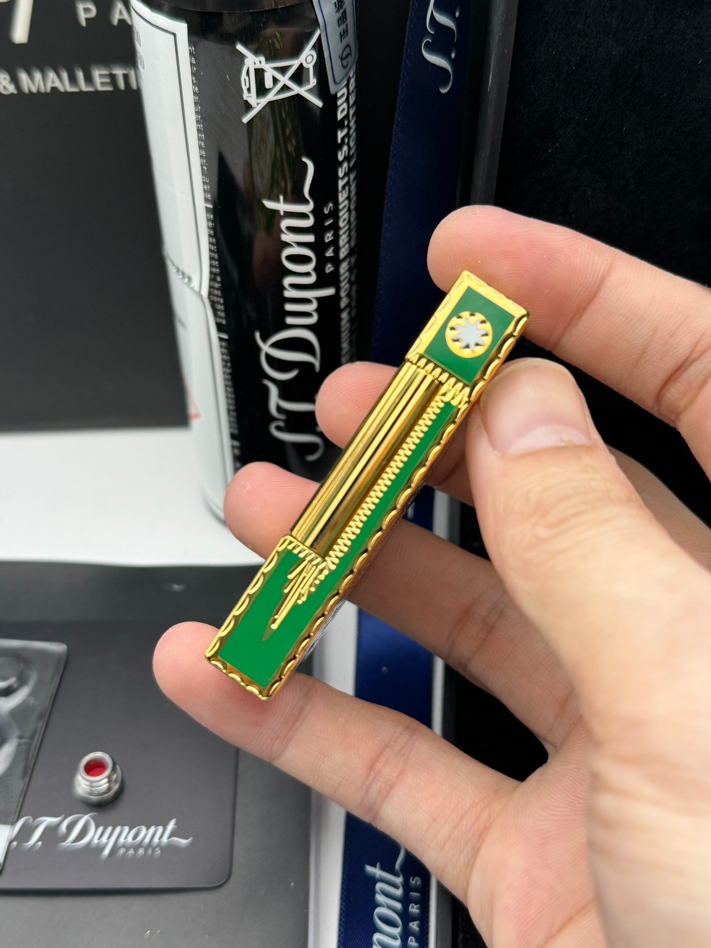 ST Dupont Ligne 2 French Court Green Enamel Limited Edition Brass Lighter