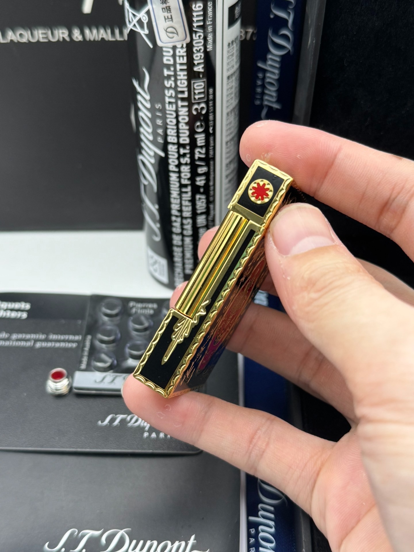 ST Dupont French Court Black & Red Enamel Gold Lighter