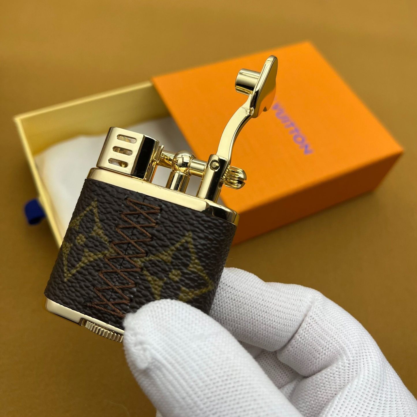 Vintage Kerosene Lighter – Brass Body Monogram Leather Stitch Design