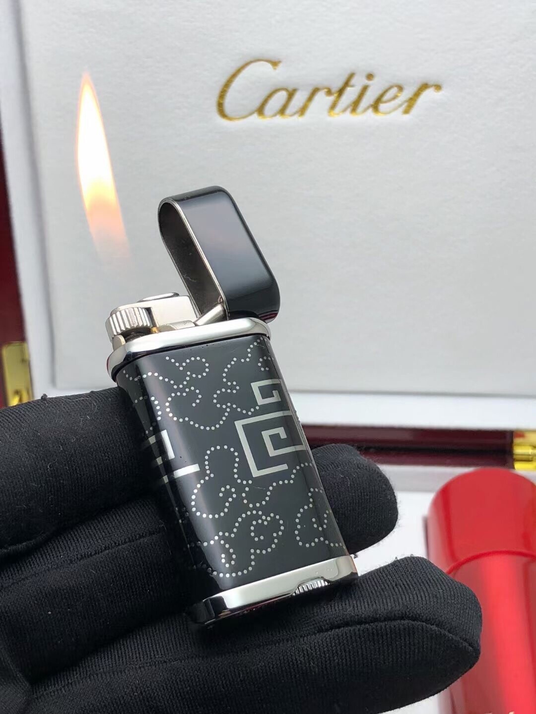 Cartier Lighter Black Lacquer Geometric & Cloud Motif Edition