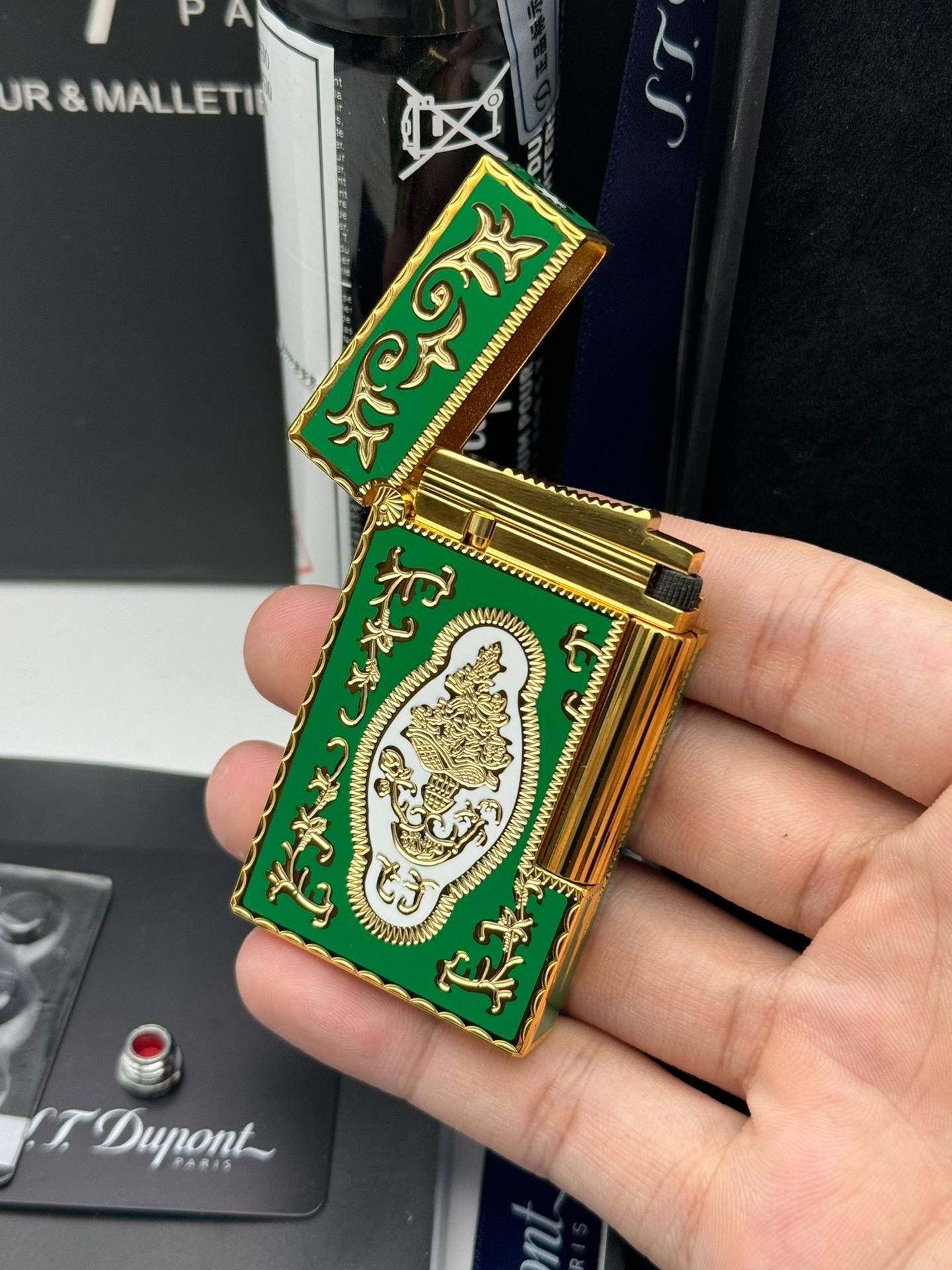ST Dupont Ligne 2 French Court Green Enamel Limited Edition Brass Lighter
