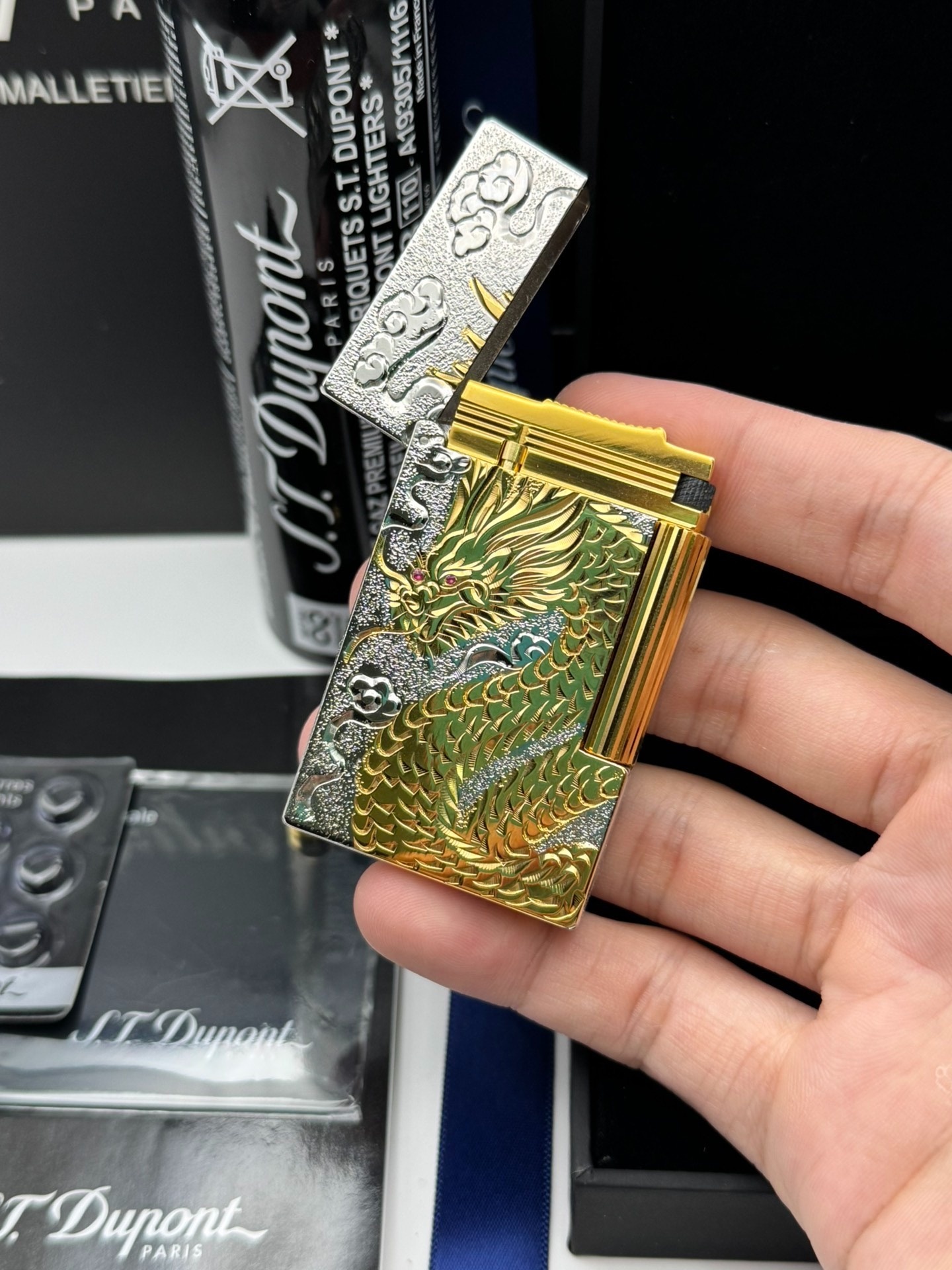 ST Dupont Ligne 2 Dragon Phoenix Double Flame Lighter Solid Copper