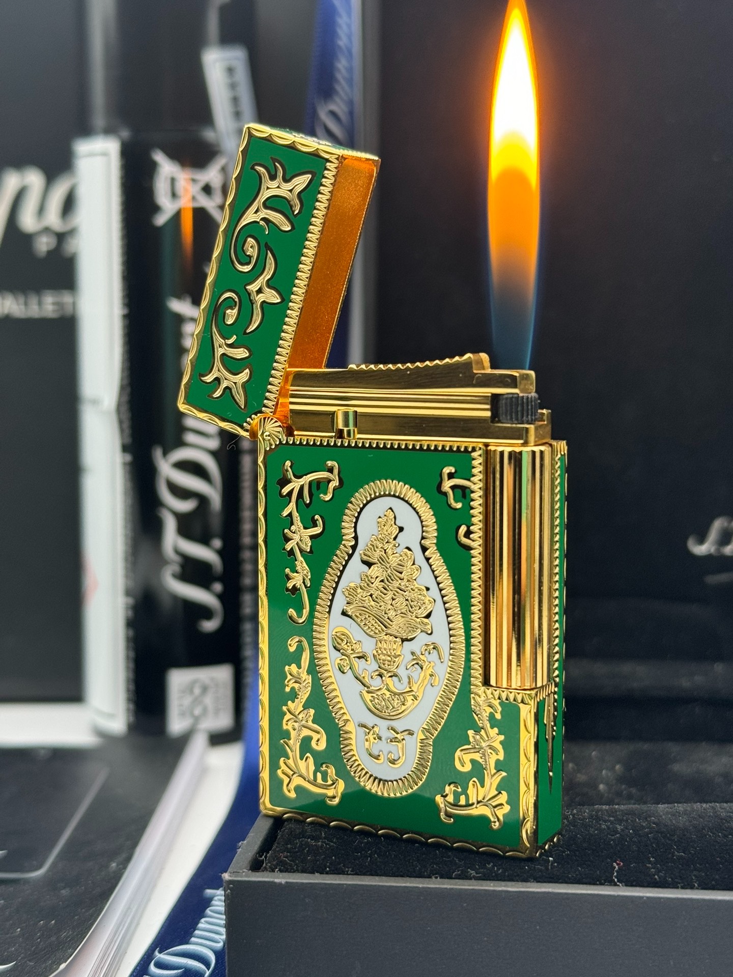ST Dupont Ligne 2 French Court Green Enamel Limited Edition Brass Lighter