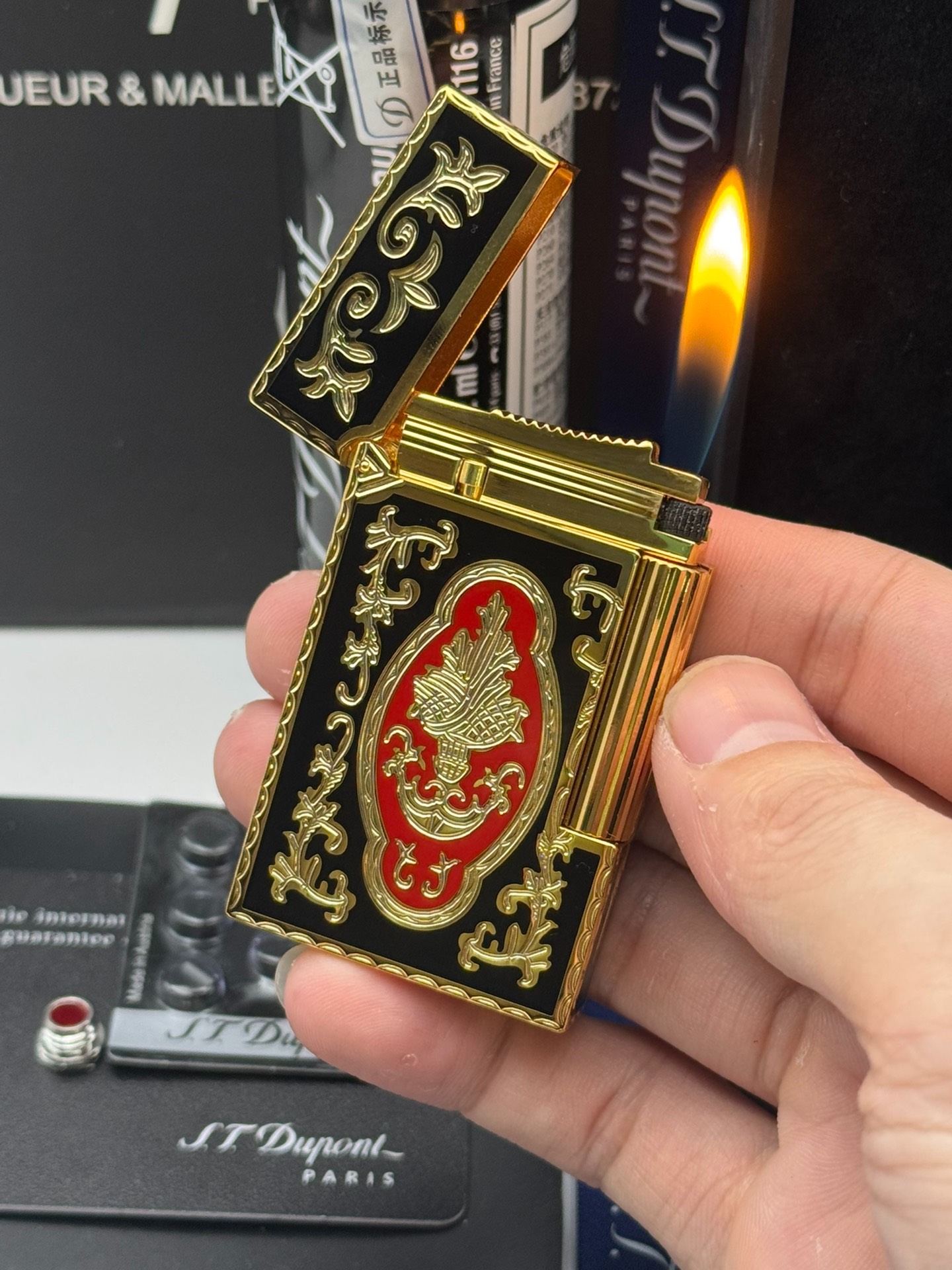 ST Dupont French Court Black & Red Enamel Gold Lighter