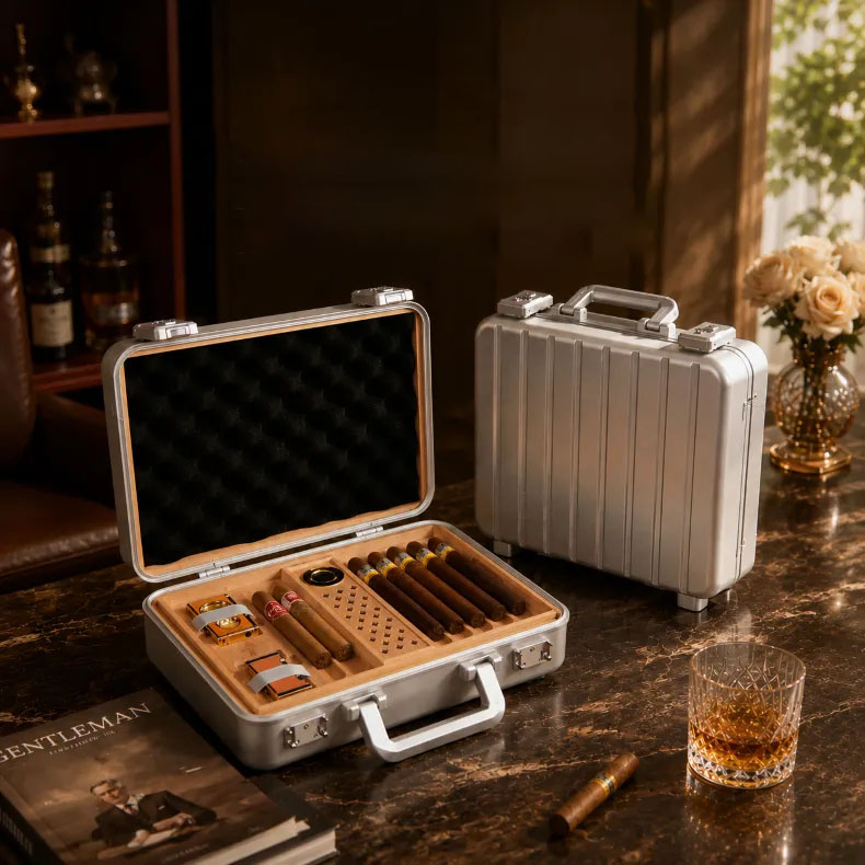 Large Aluminum Travel Humidor Case | Double Layer Luxury Storage Box