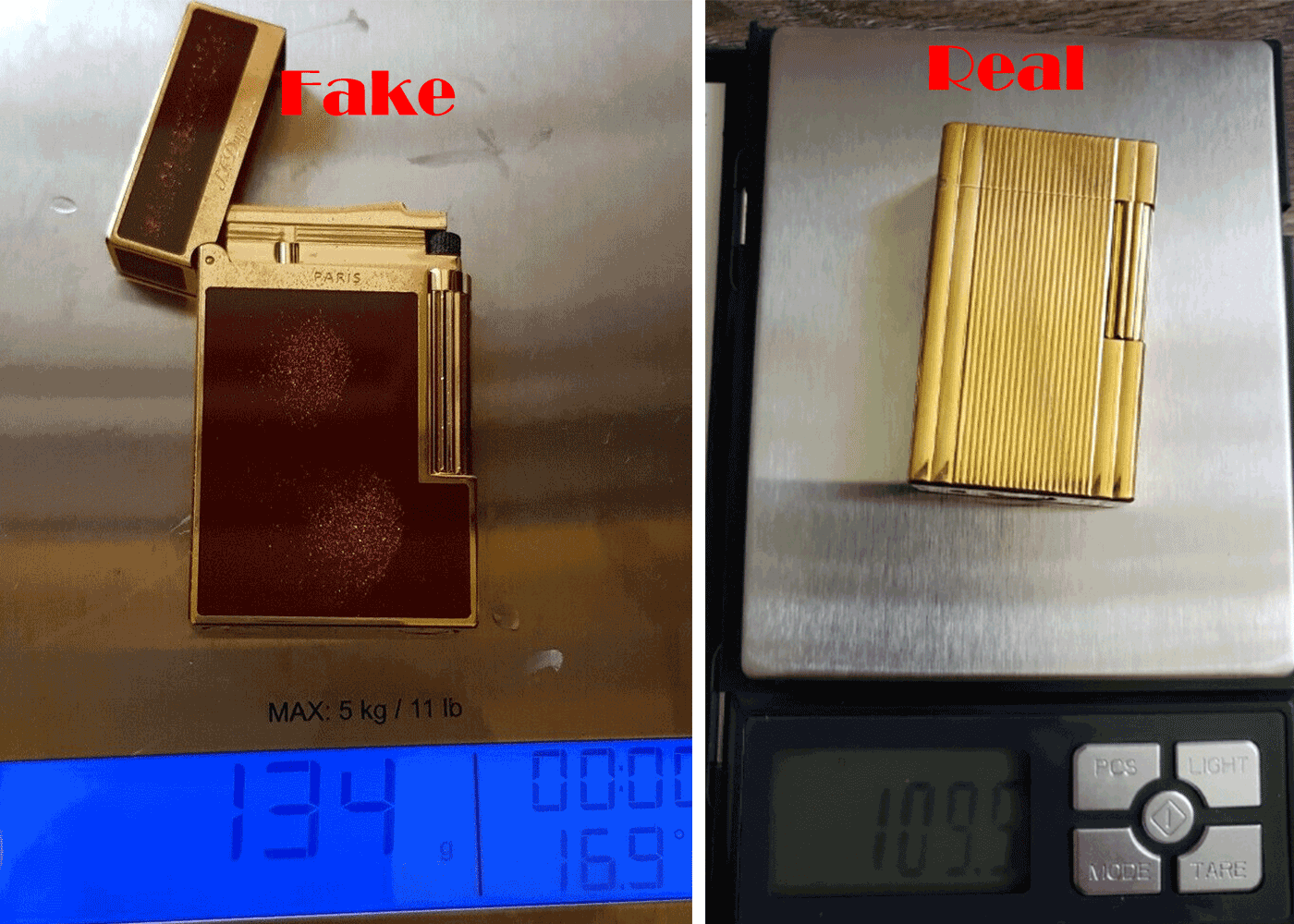 Authentic vs Fake S.T. Dupont Ligne 2 Lighter: Weight Comparison