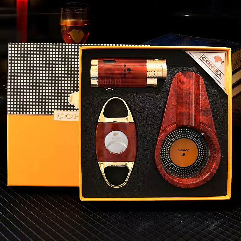 Luxury Red Cigar Accessories Set with Torch Lighter, Cutter & Ashtray | Premium Gift Box