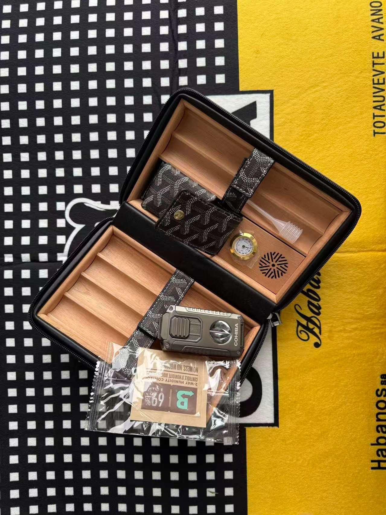 Luxury Leather Travel Humidor Set | 6 Slot Portable Humidor Case with 5-in-1 Lighter Kit