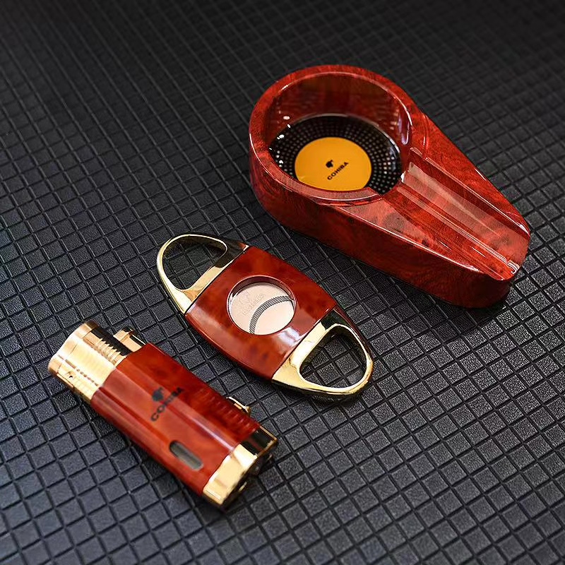 Luxury Red Cigar Accessories Set with Torch Lighter, Cutter & Ashtray | Premium Gift Box