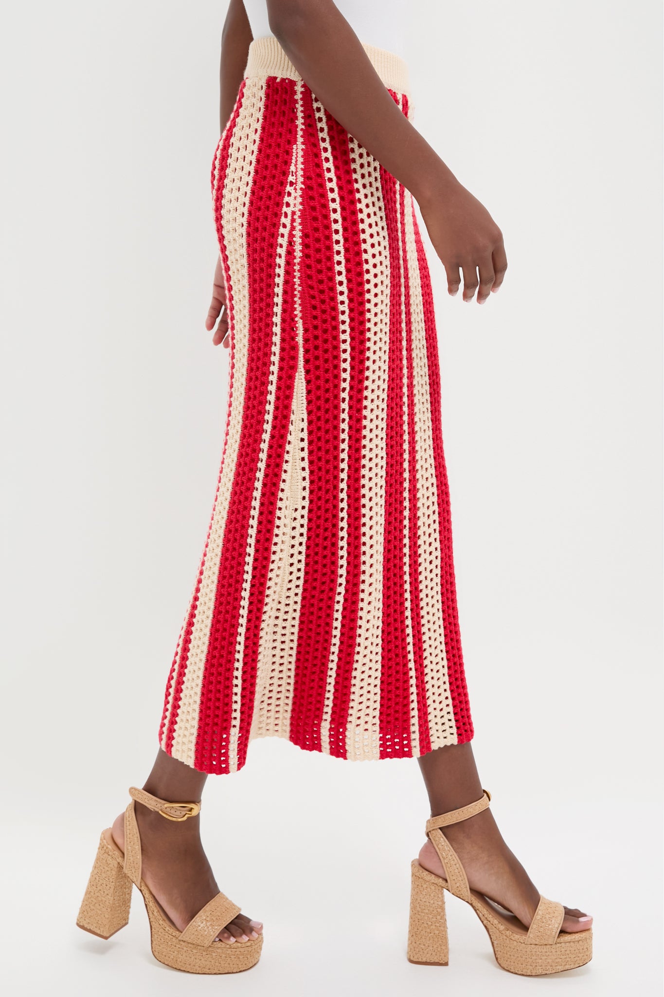 Burnt Red & Beige Striped Knit Ren Midi Skirt-Charming Tale Store