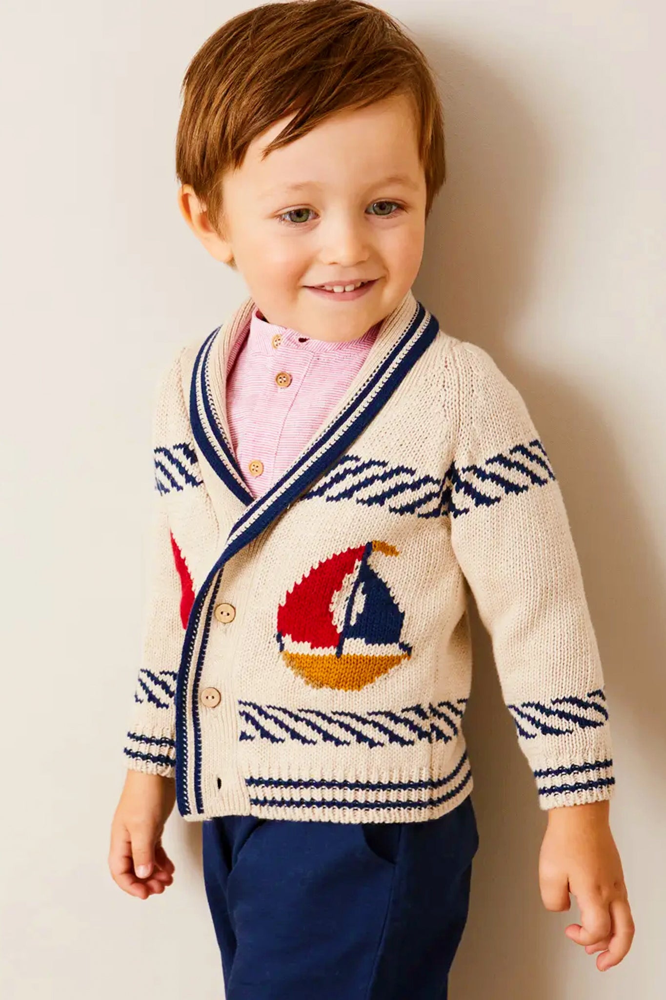 Boat Motif Shawl Neck Nautical Cardigan in Beige-Charming Tale Store