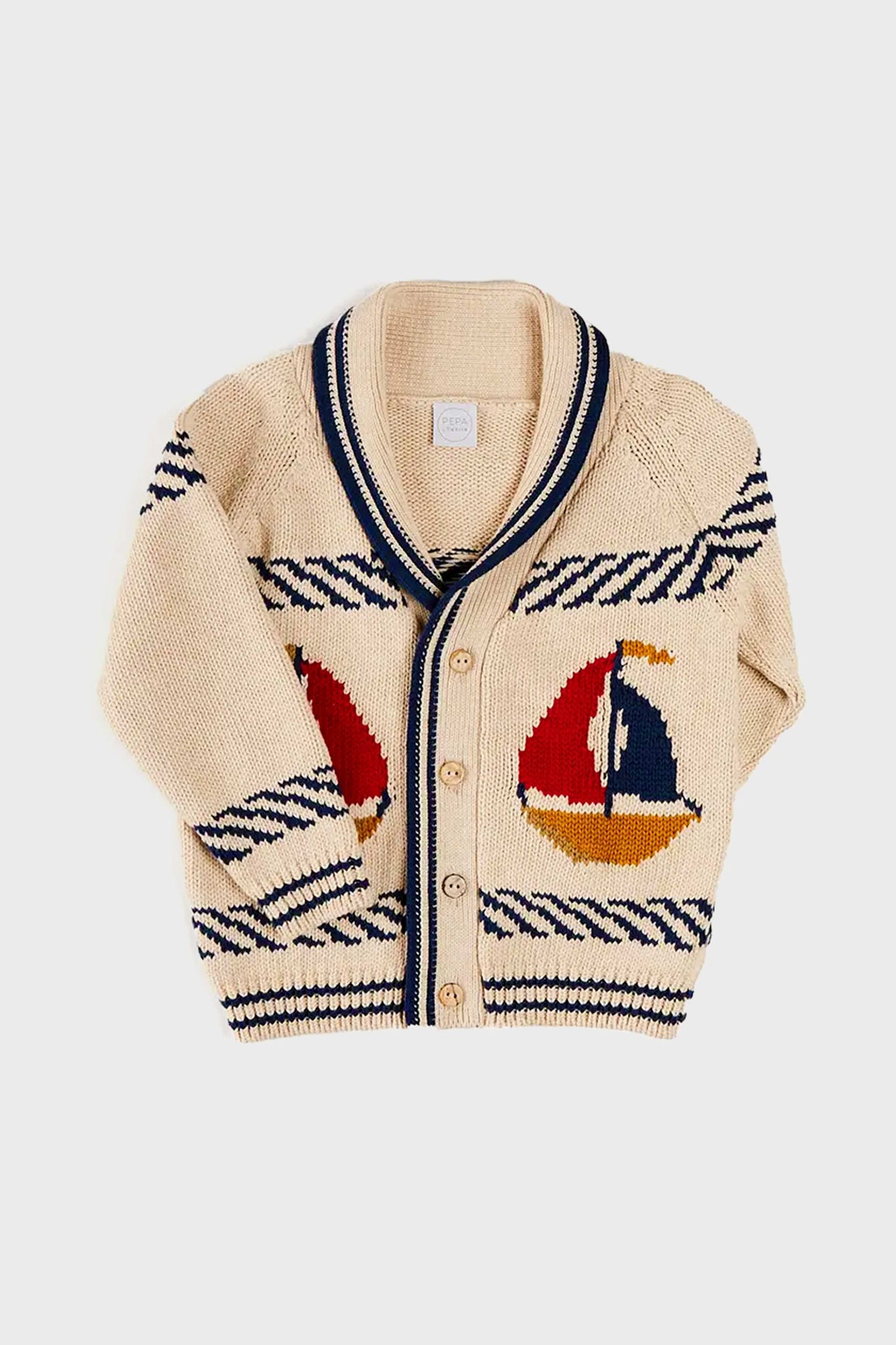 Boat Motif Shawl Neck Nautical Cardigan in Beige-Charming Tale Store