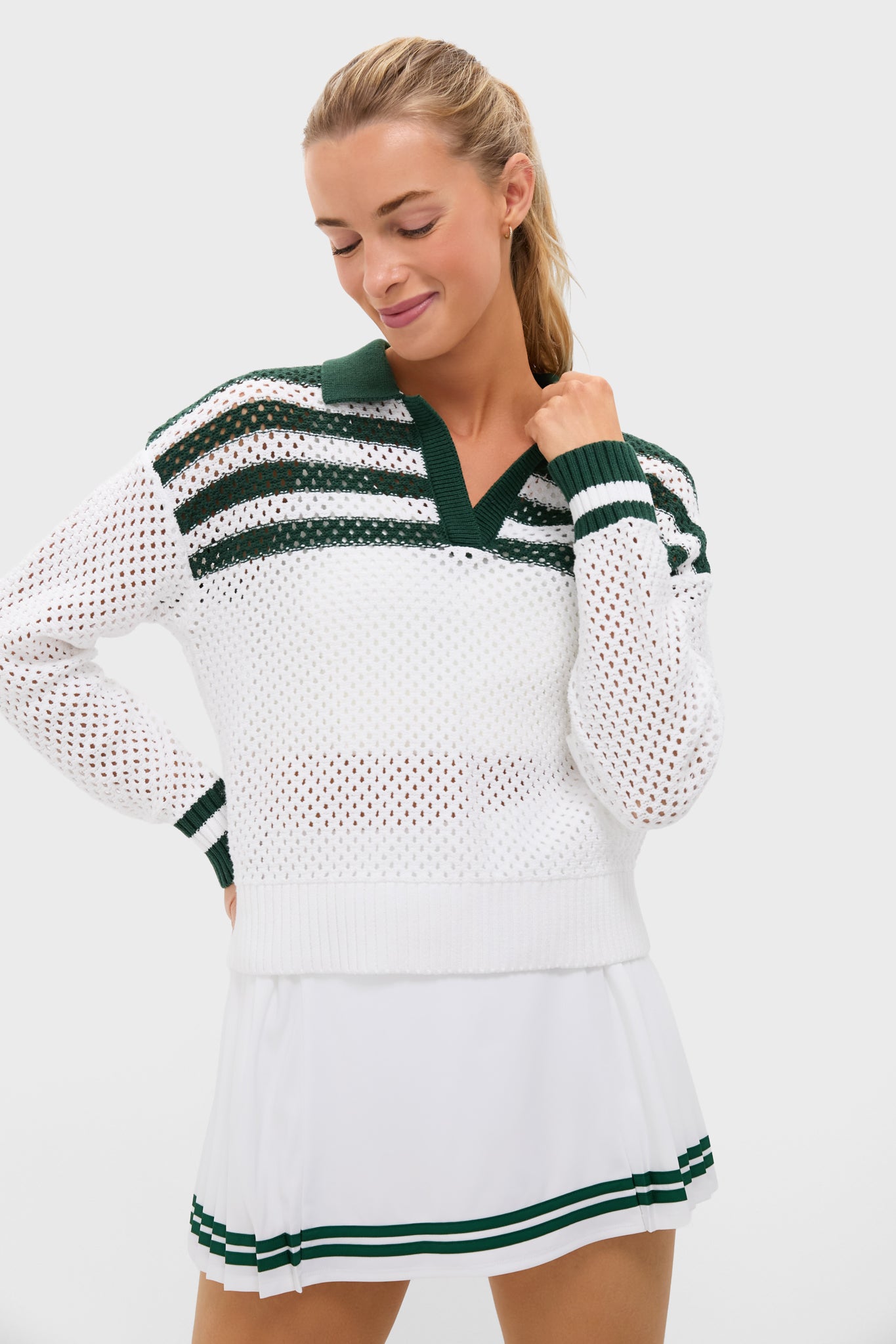 White and Green Mesh Fischer Sweater-Charming Tale Store
