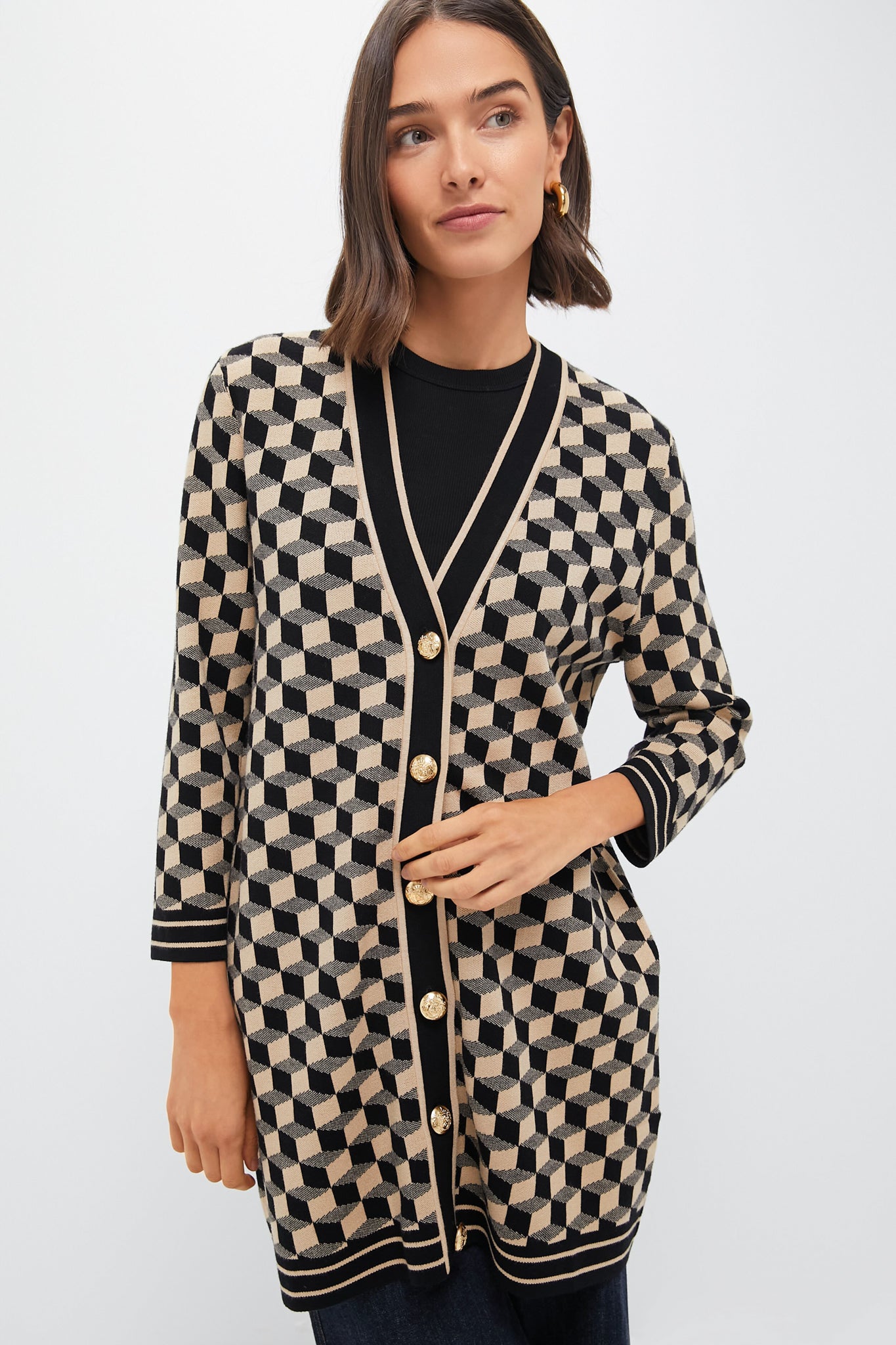 Onyx and Camel Knit Geo Liv Cardigan-Charming Tale Store