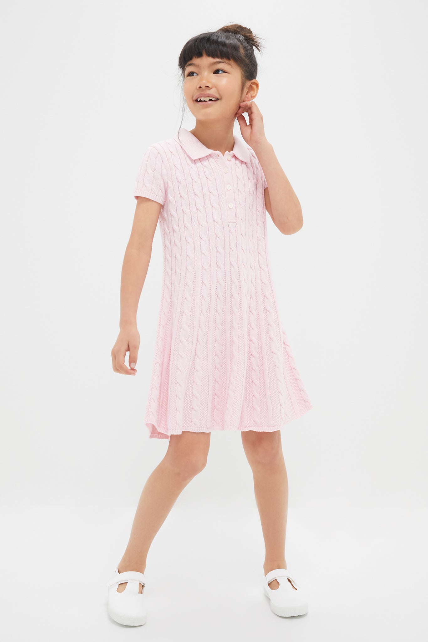 Girls Short-Sleeve Cotton Cable Knit Polo Dress-Charming Tale Store