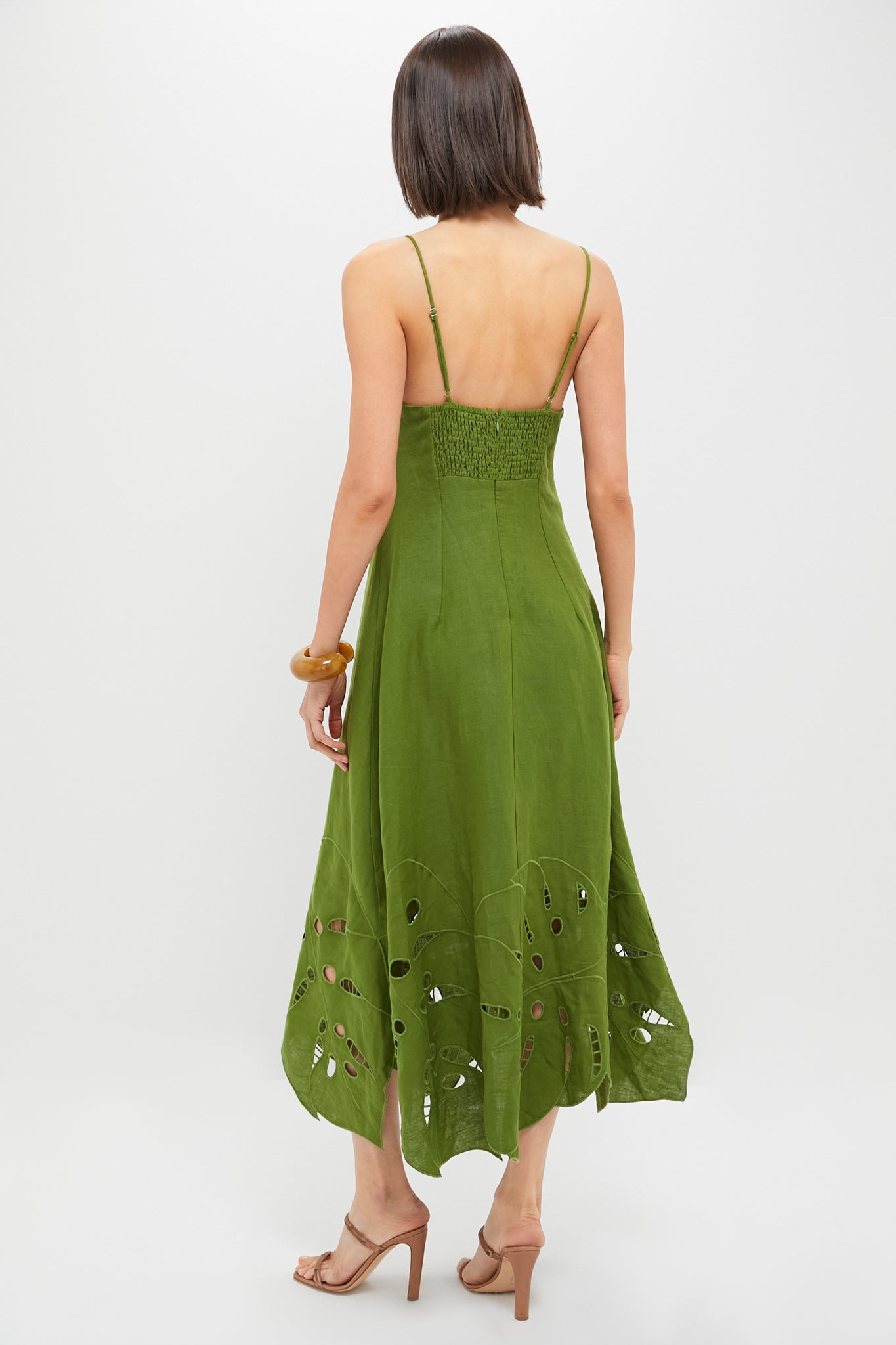 Green Monstera Embroidery Midi Dress-Charming Tale Store