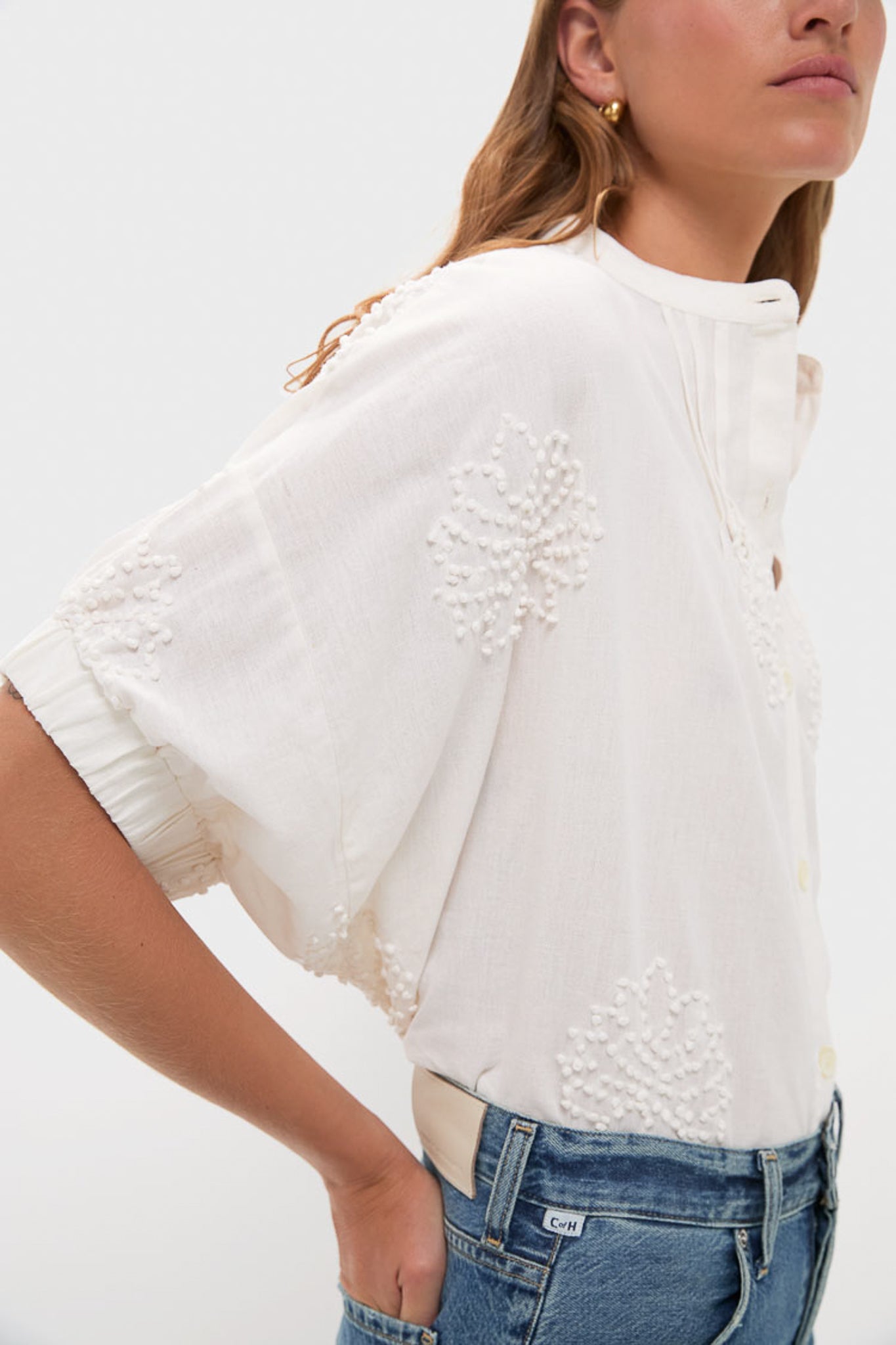 French Knot Floral Sand Mandarin Collar Top-Charming Tale Store